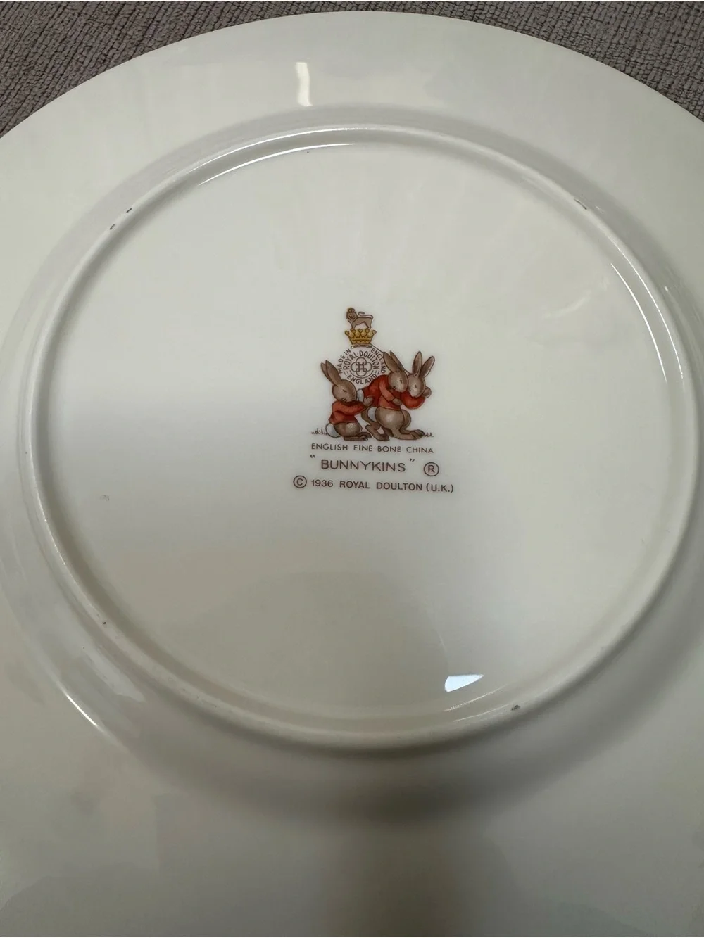 Royal Doulton Bunnykins White Plate with Gold Crest and Brown/Red Motif